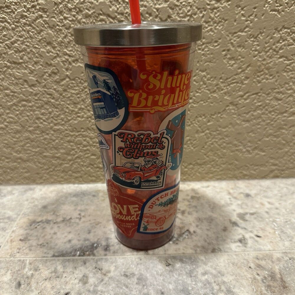 DUTCH BROS 2024 Christmas Tumbler Cold Coffee Cup Red Collage Colorado Ski